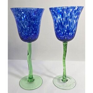 Royal Danube RDZ5 Confetti Tulip Wine Water Goblet Blue Handblown Art Glass